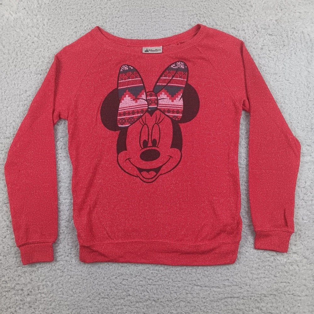 Disney Parks Sweatshirt Minnie Mouse Women S Red Fair Isle Bow Graphic JT11822